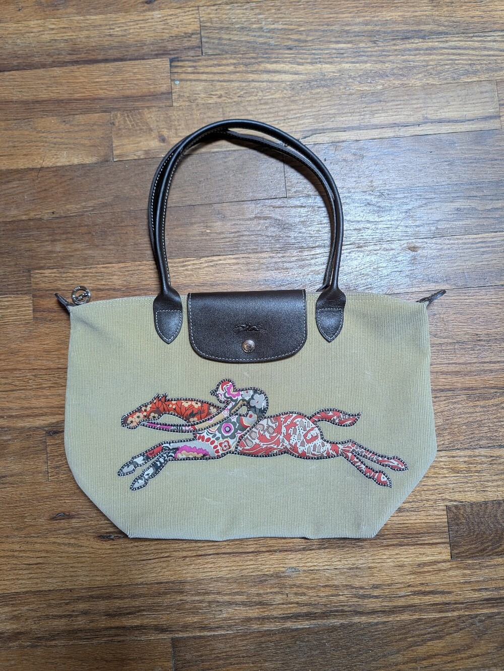 Longchamp Victoire Patchwork Corduroy Med Beige and Brown Leather Trim Tote - Picture 1 of 13